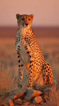 A cheetah sits atop a rock formation during a golden sunset, its spotted coat blending with the arid environment. Warm tones of orange and brown dominate the image, enhanced by soft lighting. This portrait could be used for wildlife publications, educational resources, and commercial projects.の素材