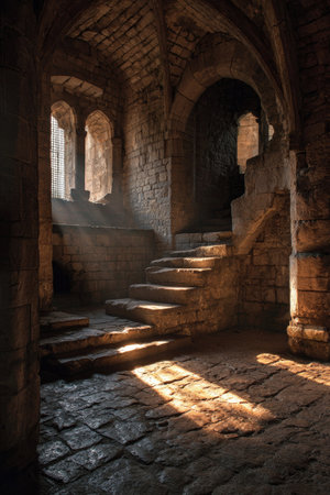 An interior shot showcases a stone staircase ascending towards an arched doorway. Sunlight streams through the openings, illuminating the scene with warm tones. The composition displays architectural elements, textured surfaces, and shadowed areas. Suitable for illustrating history, architecture, or creative design concepts.の素材