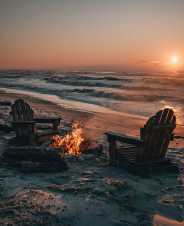 Two wooden chairs sit near a fire pit on a sandy beach. Waves gently roll towards the shore under a warm sunset. The scene features warm colors, with firelight creating a cozy atmosphere. Suitable for use in lifestyle, travel, or leisure-related projects.の素材