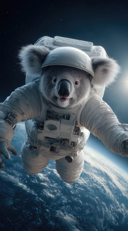 An astronaut koala is depicted in a spacesuit, floating against the backdrop of Earth and the starry expanse of space. The artwork features soft lighting, smooth textures, and a photorealistic style. Suitable for educational materials, science fiction illustrations, or creative design projects, this image conveys a sense of wonder.の素材