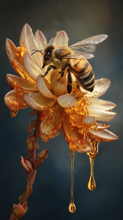 A close-up captures a bee perched on a flower, with golden honey dripping from the petals. The image displays a soft focus background, showcasing detailed textures and natural colors. Suitable for various projects, it could be used in advertising materials, educational resources, and decorative designs.の素材
