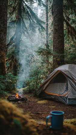 An outdoor camping scene showcases a tent and a small campfire. The image captures the warmth of fire against the backdrop of a dense forest. Mist and steam create an atmospheric effect. This image could be used for various purposes such as editorial, travel, or nature-related projects.の素材