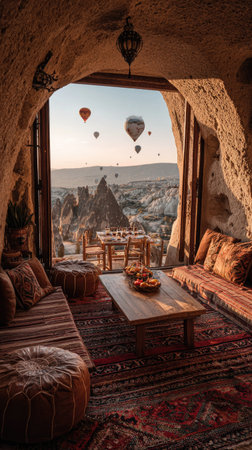 An interior cave setting reveals a stunning vista featuring hot air balloons. The scene is illuminated by warm, natural light and features rich textures and colors. The composition includes sofas and a table, suggesting a comfortable space. Ideal for travel, tourism, or lifestyle content.の素材