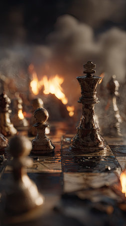 Chess pieces stand on a board amidst flames and smoke, creating a scene of conflict. The image features warm colors and a shallow depth of field, focusing on the chess pieces. The dramatic composition and lighting are suitable for illustrating concepts of strategy or competition in various media.の素材