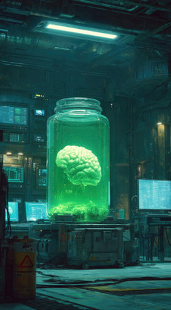 An illustration depicts a brain suspended within a glass jar filled with green liquid. The scene shows a futuristic, indoor setting with cool lighting and multiple computer screens. The composition uses a vertical orientation and possibly suits editorial, educational, or scientific related visual projects.の素材