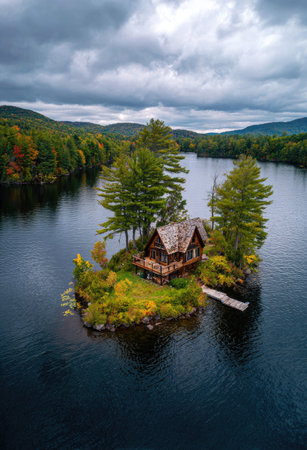 A wooden cabin stands on a small island within a calm lake. Lush green and yellow foliage surrounds the structure, and the backdrop features dense trees under a cloudy sky. The photograph's composition emphasizes the isolation. This image could be suitable for travel, nature, or leisure-related projects.の素材