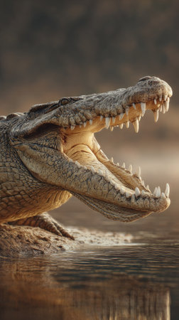 A detailed image features a crocodile with an open mouth, revealing its teeth. The reptile is near water, possibly a river or lake. The textures of the animal's skin and the water are visible. The image could be suitable for nature publications, educational materials, or commercial projects.の素材