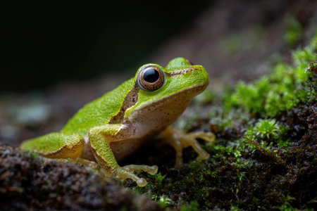 A close-up captures a bright green frog, possibly a tree frog, resting on a textured, moss-covered log. The image showcases the amphibian's intricate skin details and large eyes. The composition employs shallow depth of field, with soft lighting enhancing the natural tones. Suitable for nature, wildlife, or educational publications.の素材