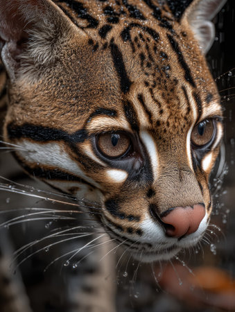 A striking close-up showcases a wild cat with a detailed fur pattern and penetrating gaze. The warm tones and texture of its coat contrast with its intense eyes. The image is likely taken outdoors, featuring natural lighting. Potential uses include wildlife documentaries and print publications.の素材