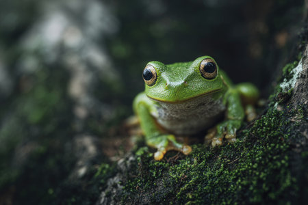 A close-up view presents a green frog against a blurred backdrop of dark foliage. The image showcases the frog's bright coloration and detailed texture. Soft lighting illuminates the scene, suggesting a natural environment. Suitable for a range of commercial applications, including educational and illustrative purposes.の素材