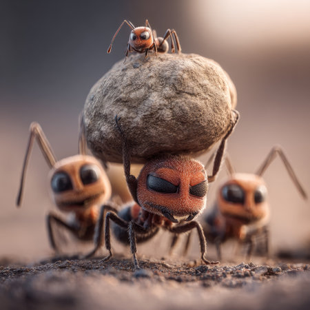 This image features several ants, with one carrying a stone. The visual displays earthy tones, with soft focus on the background. The composition highlights a team effort, and represents concepts of strength. This imagery could be used in editorial or commercial projects.の素材