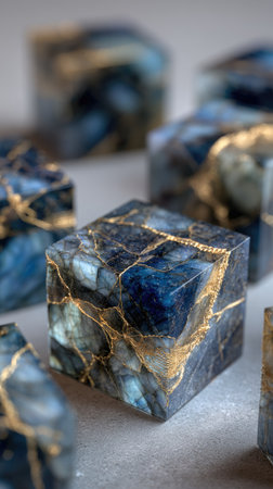 The image presents a macro view of multiple cubes with a dark blue and gold pattern. The texture suggests a stone-like material, possibly enhanced by veins of gold. The composition appears to be indoors, against a neutral background with soft lighting. This image could be suitable for various design, art, or abstract concept purposes.の素材