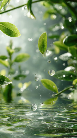 This image presents a serene close-up of vibrant green leaves and water droplets. The composition features a shallow depth of field, highlighting the leaves' textures. The scene suggests a natural, outdoor environment possibly illuminated by soft sunlight. Suitable for a range of uses including editorial or commercial projects.の素材