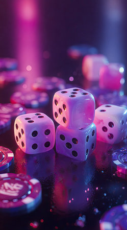 This image showcases dice stacked together, alongside casino chips. The composition features a shallow depth of field, with soft focus on some elements. The color palette emphasizes pink and purple hues, accented by highlights. This scene is suitable for use in promotional materials or content related to entertainment or games.の素材