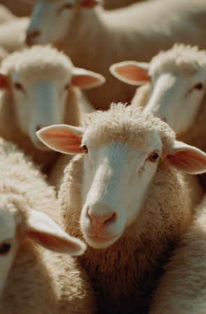 A close-up captures multiple sheep with creamy wool and pink ears, creating a texture-rich composition. Soft daylight illuminates the scene, enhancing the warm tones. The image, devoid of specific context, lends itself to various commercial and editorial applications such as articles on animals, farms, or related themes.の素材