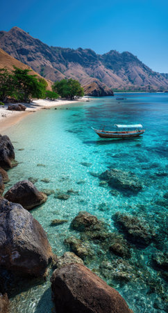 A boat floats in turquoise water near a beach, with mountains rising in the background under a blue sky. The composition emphasizes the natural beauty of the environment. Suitable for travel or tourism promotions, this image may be used for various editorial or commercial purposes.の素材