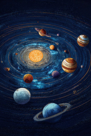 An artistic rendering of the solar system showcases planets in orbit around a luminous sun. The composition features swirling patterns, deep blues, and warm hues. This digitally created artwork might be suitable for educational materials, science publications, or creative projects involving space exploration themes.の素材