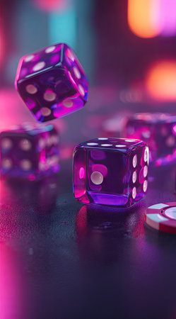 This image features several purple dice with a transparent quality, accented by vibrant pink and blue lighting. The composition includes multiple dice, some in motion, creating a dynamic effect. The style hints at modern design, potentially suitable for commercial projects or visual content.の素材
