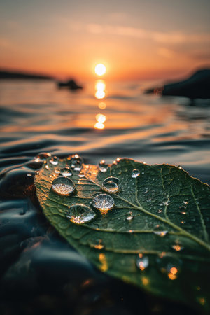 A close-up view presents a leaf with multiple water droplets floating on a body of water. The scene features a warm sunset with bright golden light. This image, with its rich colors and textures, is suitable for various commercial uses, including artistic designs and environmental themes.の素材