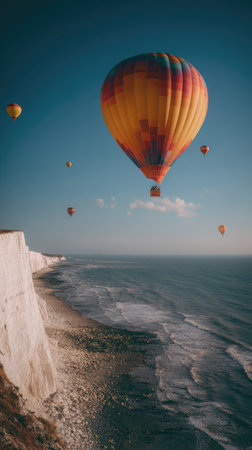 Several hot air balloons ascend over white cliffs and a vast ocean under a bright, cloudless sky. The scene features vibrant colors against a blue backdrop with the ocean's textured surface. Suitable for various projects, the image conveys a sense of travel and adventure, perfect for promotional material.の素材