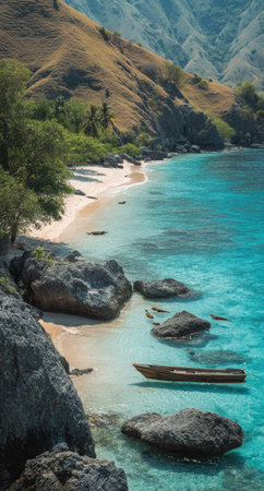 A scenic coastal view features clear turquoise water lapping against a rocky shore. A small boat rests near the shore, with a backdrop of a mountain range. The scene is illuminated by natural light, and the composition suggests a sense of peace. This image could be suitable for travel, tourism, or nature-related projects.の素材