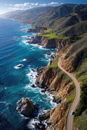An aerial view presents a coastal highway curving alongside rugged cliffs, met by turquoise ocean waves. The image shows a combination of green vegetation, brown rock faces, and the blue water. The composition showcases natural beauty, potentially ideal for travel, environmental, or landscape-related commercial projects.の素材