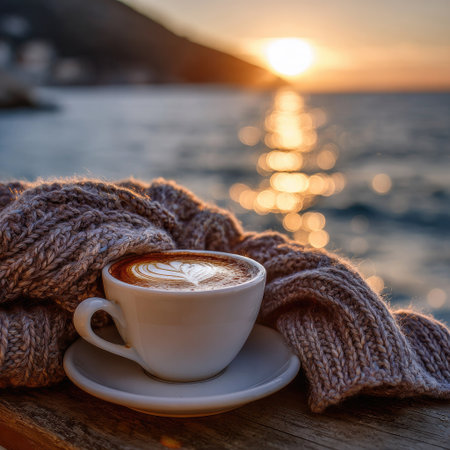A white coffee cup sits beside a knitted blanket on a wooden surface. Warm light emanates from a sunset over a body of water, casting a soft glow. The composition features a blurred background, suggesting a coastal environment. The image can be used for lifestyle, leisure, or travel-related publications.の素材