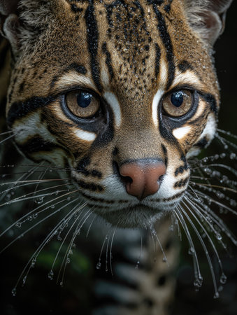 This striking image showcases the close-up view of a wild feline, highlighted by its unique coat markings and intense gaze. The composition emphasizes the animal's features, emphasizing its whiskers. The image's color palette creates a strong visual impact suitable for various commercial and editorial applications, possibly wildlife or conservation themes.の素材
