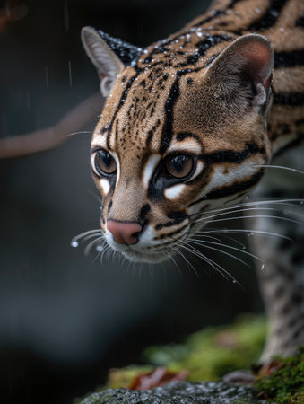 This portrait features a close-up of an ocelot, showcasing its intricate spotted coat and alert expression. The image displays a shallow depth of field, emphasizing the animal against a blurred background. The natural lighting and muted colors create a sense of realism, suitable for editorial and commercial applications.の素材