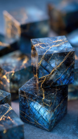 This image showcases several gemstone cubes with a focus on their unique patterns and textures. The dominant colors are blues, blacks, and golds, creating a sense of depth and contrast. The lighting highlights the surfaces, suggesting a studio setting. This could be useful for illustrating concepts of design, luxury, or decorative arts.の素材