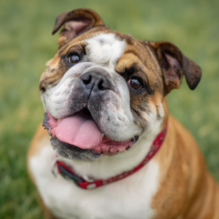 A close-up shot features a bulldog with brown and white fur, a red collar, and a happy expression. The dog's pink tongue is visible, and the background is a soft green. The image showcases the dog's features. This image could be used for various purposes.の素材