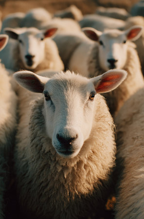 This image showcases a flock of sheep, captured in a close-up perspective. The animals exhibit creamy white wool, highlighted by warm sunlight. The shallow depth of field emphasizes the lead sheep. Suitable for illustrations related to nature, farming, and agricultural themes. It has potential for commercial or editorial applications.の素材
