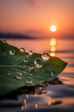 A close-up captures water droplets resting on a green leaf against a stunning sunset. The image displays a smooth composition with warm orange and yellow hues reflecting in the water. This natural scene, emphasizing textures and colors, is suitable for various commercial uses, including artistic and environmental themes.の素材
