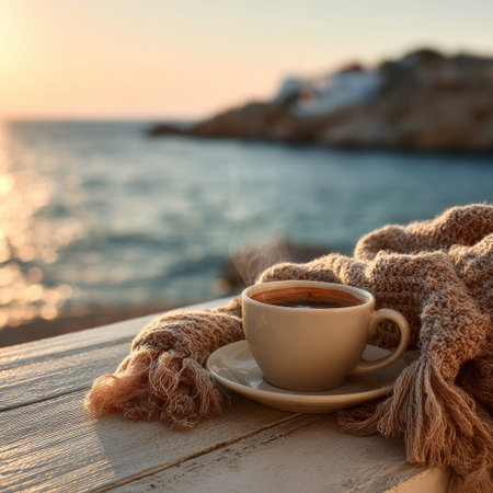 A ceramic coffee cup and saucer sit on a rustic wooden surface, accompanied by a knitted scarf. The image showcases warm tones, with soft sunlight illuminating the scene. The composition is likely for commercial and editorial purposes, evoking comfort and relaxation, possibly suitable for lifestyle or travel content.の素材