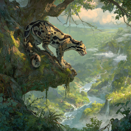 A clouded leopard perches on a moss-covered tree branch, surveying a vibrant green landscape. The scene features a flowing river, cascading waterfalls, and dense foliage, all bathed in soft, natural light. This illustrative image could be utilized for educational materials, environmental awareness campaigns, or artistic projects.の素材