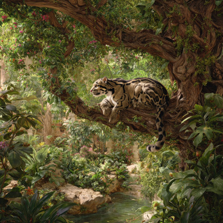 A clouded leopard rests on a large branch, appearing amidst dense green foliage and trees. The image showcases natural sunlight illuminating the scene with a mix of light and shadow. Its detailed composition and rich colors create a vibrant setting appropriate for editorial content or creative projects.の素材