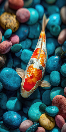 A vibrant koi fish swims amidst smooth, colorful stones. The composition features a variety of hues, including blue, orange, red, and beige. The image is likely captured in an aquarium setting, featuring a close-up perspective. It would be suitable for illustrative or decorative purposes.の素材