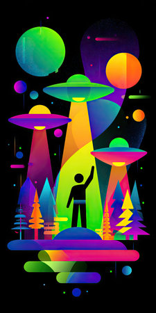 This vibrant illustration depicts a silhouetted figure standing below several flying saucers emitting colorful beams. The artwork features a palette of bright neon colors, including purple, green, and orange, against a black background. The style is graphic with stylized trees and planets, suitable for various editorial and commercial applications.の素材