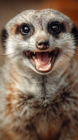 A close-up shot captures a meerkat with its mouth open, revealing teeth. The animal features tan and grey fur, detailed facial features, and dark eyes. The composition uses shallow depth of field, with the background blurred. This image is suitable for various editorial and commercial applications.の素材