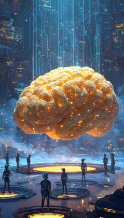 An illustration depicts a large brain floating above several figures. The image showcases a futuristic setting, utilizing digital art techniques to create a stylized composition. The lighting appears dramatic, with a focus on vibrant colors and contrasts. This image could be used in various commercial applications.の素材