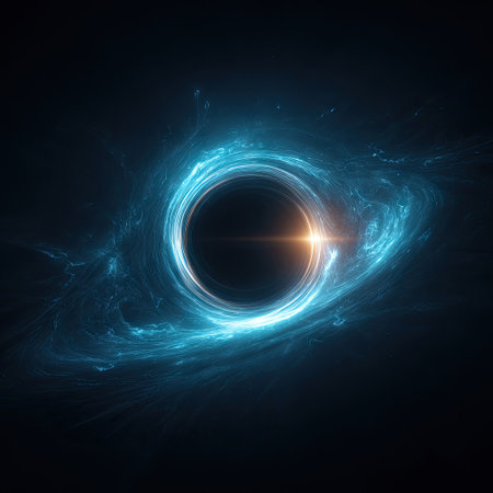 An artistic depiction presents a black hole in deep space, highlighted by glowing, electric-blue energy. The composition features a circular form with bright light accents, set against a dark, cosmic background. Ideal for scientific publications, educational materials, and conceptual designs about space and physics.の素材