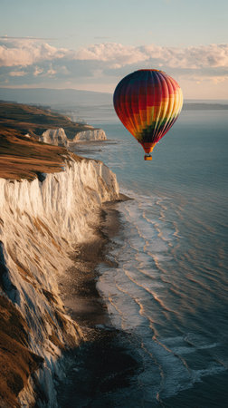 A vibrant hot air balloon floats above towering white cliffs and vast ocean. The scene is bathed in warm sunlight, emphasizing the colorful balloon against the blue water. This aerial perspective suggests a travel, adventure, and exploration theme with potential applications in advertising and editorial content.の素材