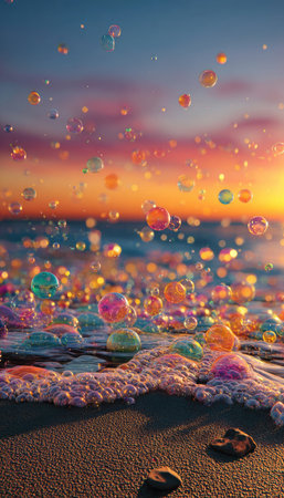 The image showcases numerous colorful bubbles rising over the foamy water of a shoreline at sunset. The composition includes a view of the water, a sandy beach, and a sky painted with warm tones. The scene is lit by golden sunlight, suggesting a tranquil and visually appealing environment suitable for various uses.の素材