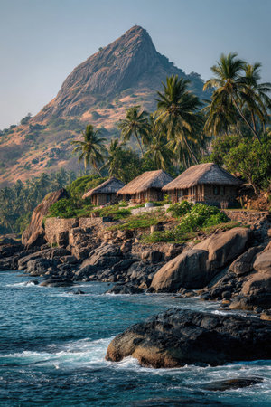This scenic image showcases several huts perched on a rocky cliff overlooking the ocean. Palm trees and lush vegetation frame the structures against the backdrop of a large mountain. The composition utilizes natural lighting to highlight the textures and colors, suitable for travel or tourism promotions.の素材