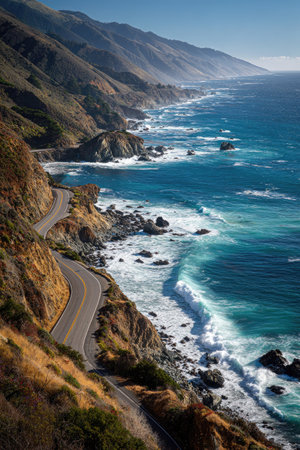 A scenic coastal highway snakes along a rocky shore beside the ocean, with mountain slopes rising in the background. The image showcases vibrant blue water, golden-brown cliffs, and a winding road. The composition features overhead natural light, suitable for travel, tourism, and environmental themes.の素材