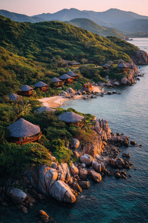 A scenic view shows several wooden cabins built along a coastal hillside. Lush green vegetation and rocky formations meet the blue ocean waters. Warm sunlight bathes the scene, creating a sense of tranquility. Ideal for travel, tourism, and vacation-related commercial content.の素材