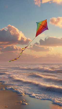 A vibrant kite, displaying a rainbow of colors, dances against a sunset sky. The kite flies above ocean waves meeting the sandy shoreline. The scene is bathed in warm hues, suggesting a tranquil outdoor setting. Suitable for various editorial and commercial applications related to leisure and recreation.の素材