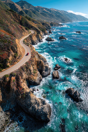 An aerial perspective captures a scenic coastal highway hugging the cliffs, with a vibrant turquoise ocean. The photograph showcases rugged rock formations contrasting with the smooth road. Overhead daylight illuminates the scene, suggesting a natural environment. Suitable for commercial or editorial applications.の素材