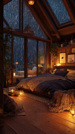 A tranquil interior showcases a bedroom with a large window and skylight, offering a view of the outside. The room features wooden furniture, ambient lighting, and decorative elements. This cozy scene with soft textures and warm tones could be used for various design, lifestyle, or editorial purposes.の素材