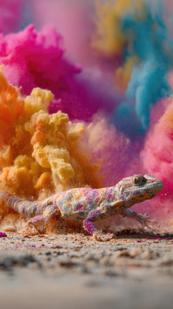 A reptile is set against a backdrop of vivid powdered clouds, presenting a splash of color. The image showcases a combination of magenta, yellow, and blue hues creating a textured, artistic composition. This could be used for various purposes, including promotional materials or design templates, showcasing a vibrant display.の素材